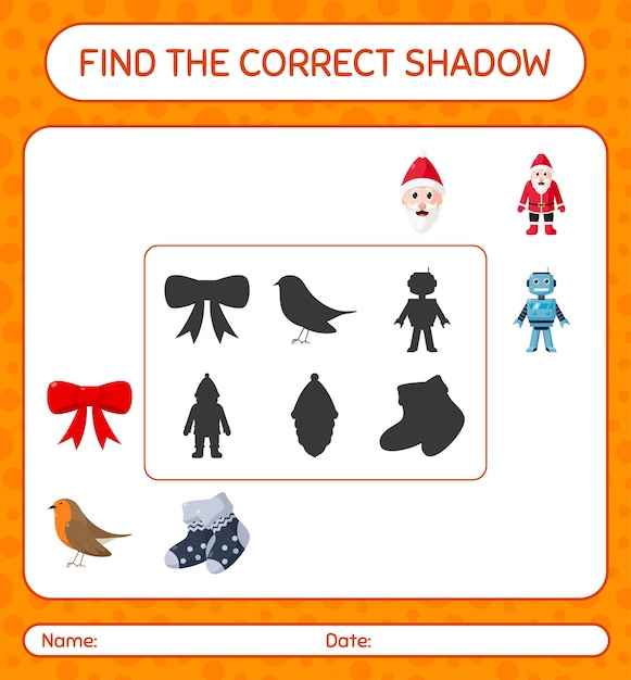 Find the correct shadows game with christmas icon. worksheet for preschool kids, kids activity sheet