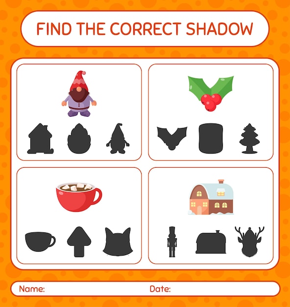 Find the correct shadows game with christmas icon. worksheet for preschool kids, kids activity sheet