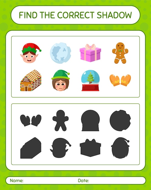 크리스마스 아이콘으로 올바른 그림자 게임을 찾으십시오. 미취학 아동을 위한 워크시트, 어린이 활동 시트