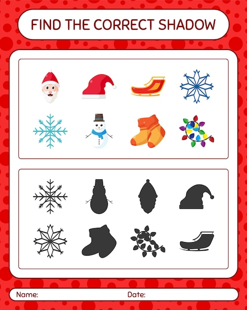 Find the correct shadows game with christmas icon. worksheet for preschool kids, kids activity sheet