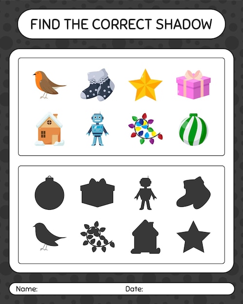 Find the correct shadows game with christmas icon. worksheet for preschool kids, kids activity sheet