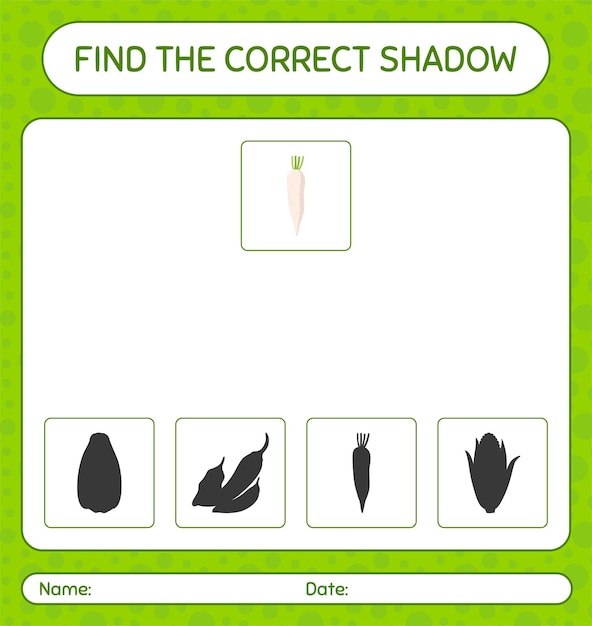 Trova il gioco delle ombre corretto con daikon. foglio di lavoro per bambini in età prescolare, foglio attività per bambini