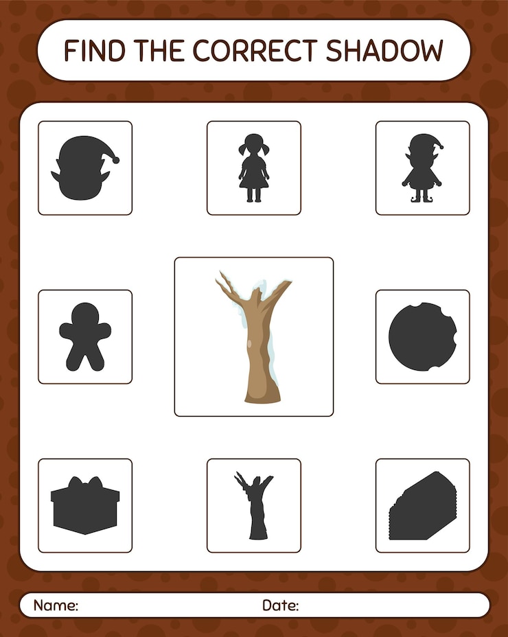 Vector find the correct shadows game with dead tree. worksheet for preschool kids, kids activity sheet