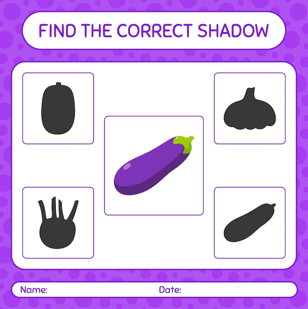 Find the correct shadows game with eggplant worksheet for preschool kids kids activity sheet