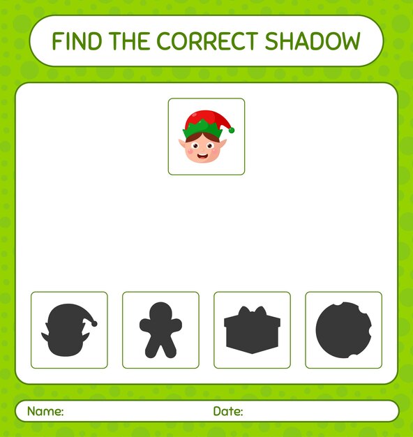 エルフで正しい影のゲームを見つけてください。就学前の子供のためのワークシート、子供の活動シート