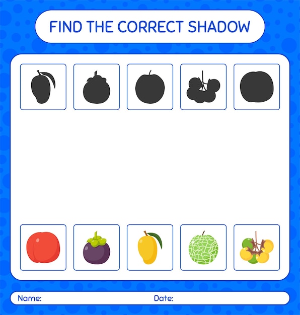 과일로 올바른 그림자 게임을 찾으십시오. 미취학 아동을 위한 워크시트, 어린이 활동 시트
