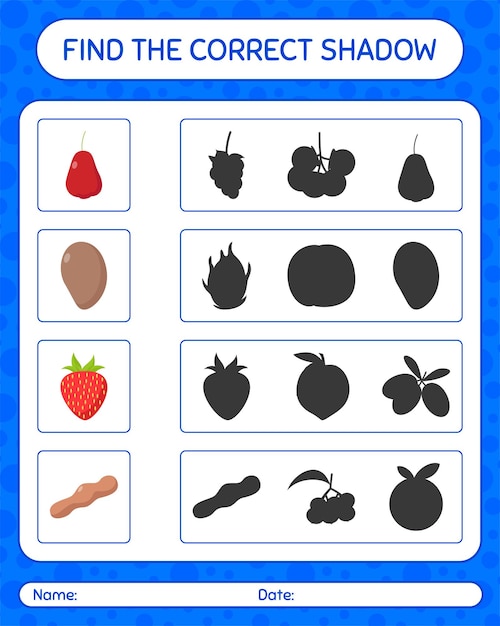 Найди правильную игру теней с фруктами. рабочий лист для дошкольников, детский лист активности