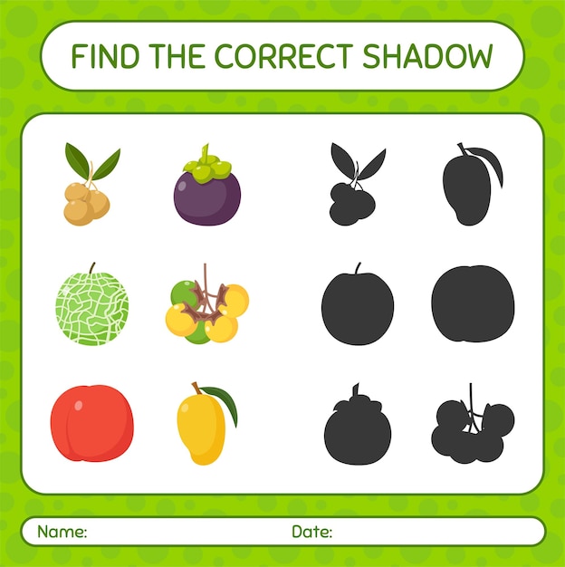 과일로 올바른 그림자 게임을 찾으십시오. 미취학 아동을 위한 워크시트, 어린이 활동 시트