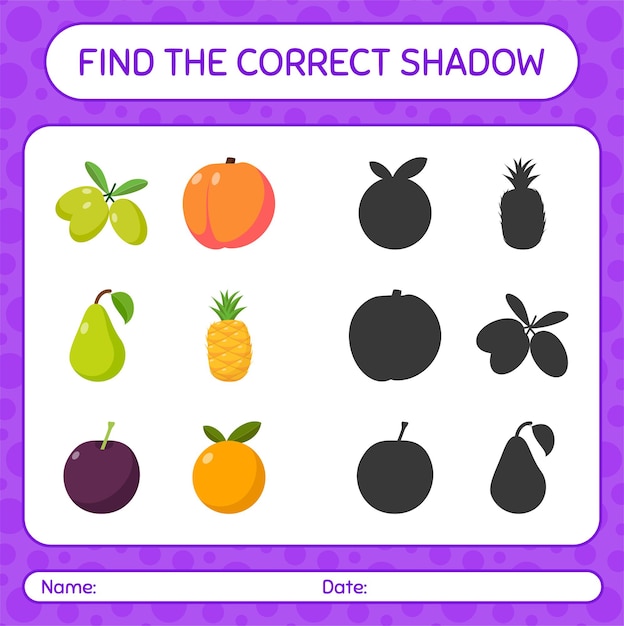 果物を使った正しい影のゲームを見つけましょう。就学前の子供のためのワークシート、子供の活動シート