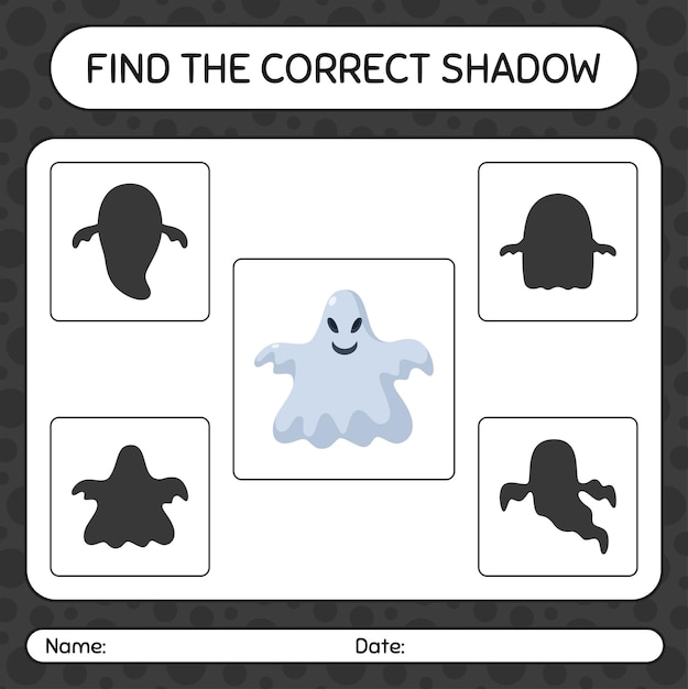 Vector find the correct shadows game with ghost. worksheet for preschool kids, kids activity sheet