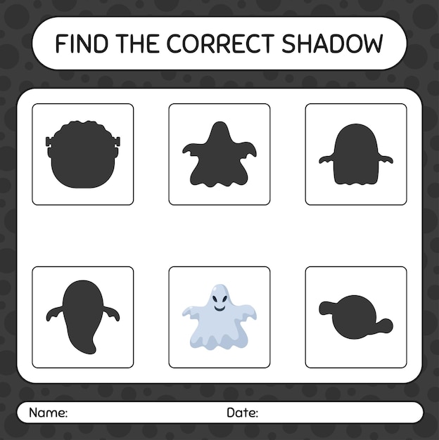 Vector find the correct shadows game with ghost. worksheet for preschool kids, kids activity sheet