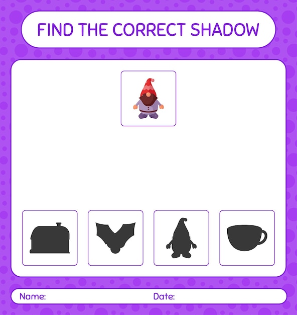 Find the correct shadows game with gnome. worksheet for preschool kids, kids activity sheet