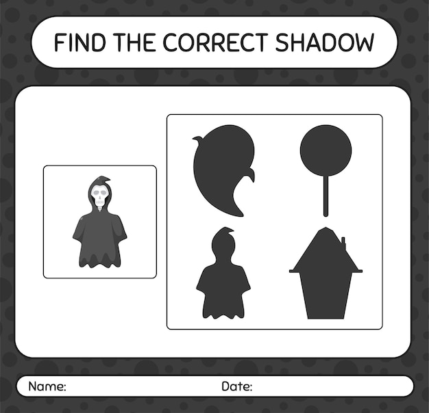 Trova il gioco di ombre corretto con grim reaper. foglio di lavoro per bambini in età prescolare, foglio di attività per bambini