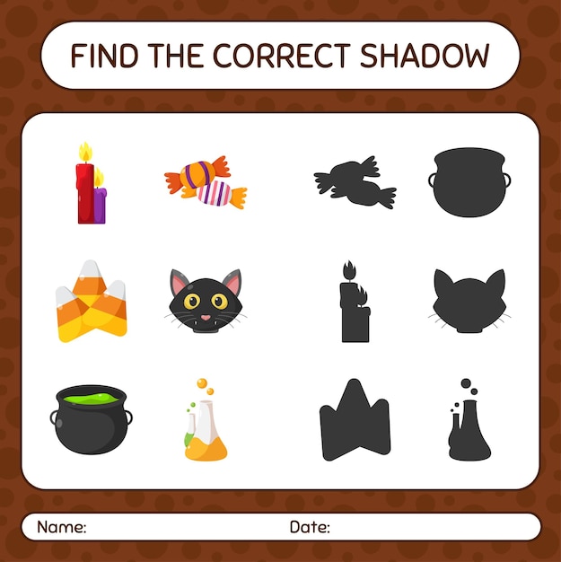 Найдите правильную игру теней со значком Хэллоуина. рабочий лист для дошкольников, детский лист активности