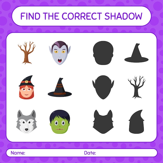 Find the correct shadows game with halloween icon. worksheet for preschool kids, kids activity sheet