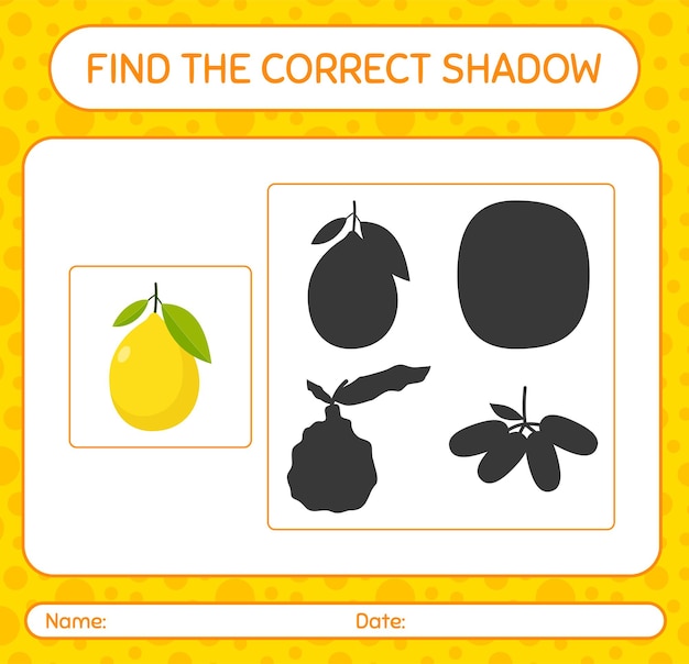 Найди правильную игру теней с лимоном. рабочий лист для дошкольников, детский лист активности