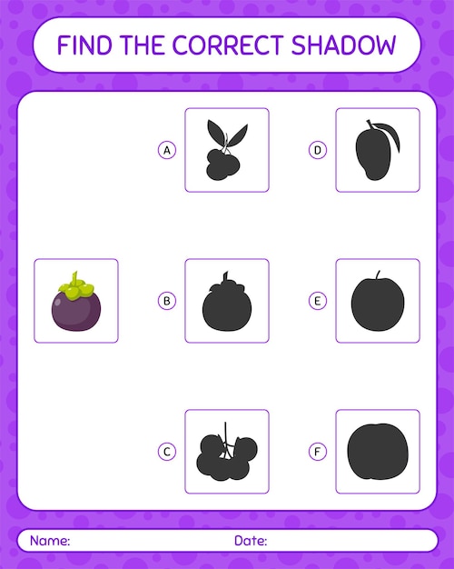 Find the correct shadows game with mangosteen. worksheet for preschool kids, kids activity sheet