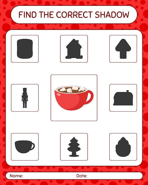 Find the correct shadows game with marshmallow on hot chocolate. worksheet for preschool kids, kids activity sheet