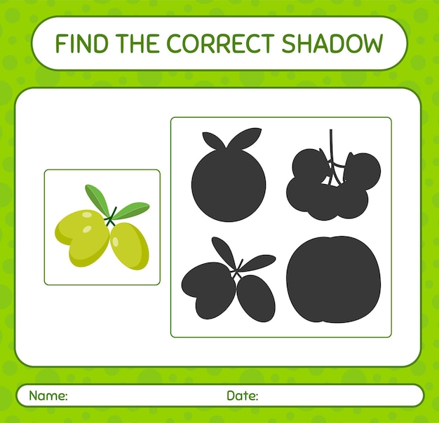 Найдите правильную игру теней с оливковым. рабочий лист для дошкольников, детский лист активности