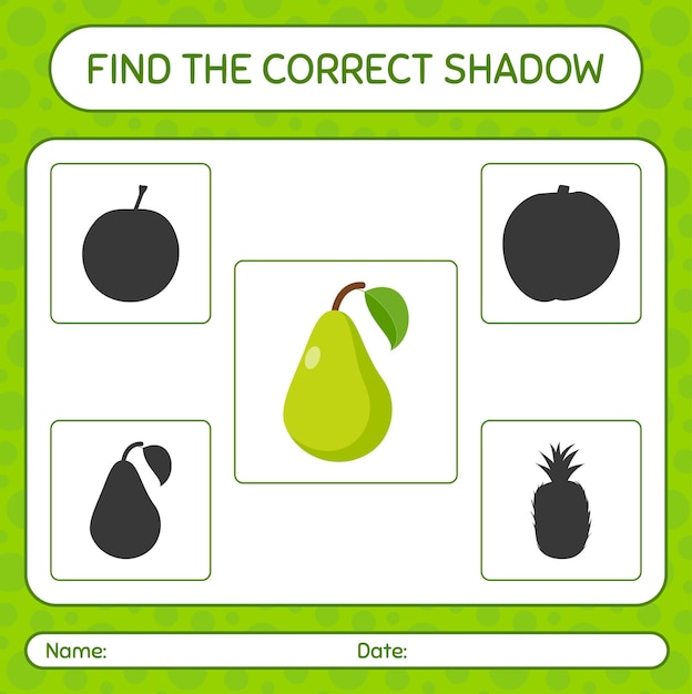 Find the correct shadows game with pear. worksheet for preschool kids, kids activity sheet