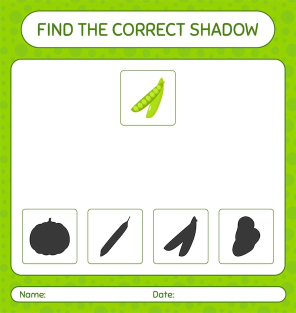 エンドウ豆で正しい影のゲームを見つけます。就学前の子供のためのワークシート、子供向けアクティビティシート