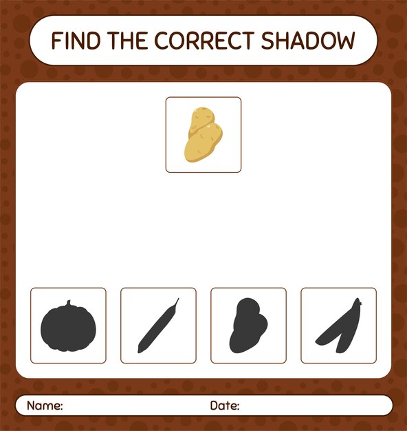 감자로 올바른 그림자 게임을 찾으십시오. 미취학 아동을 위한 워크시트, 어린이 활동 시트