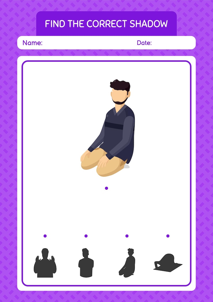 Vector find the correct shadows game with praying worksheet for preschool kids kids activity sheet