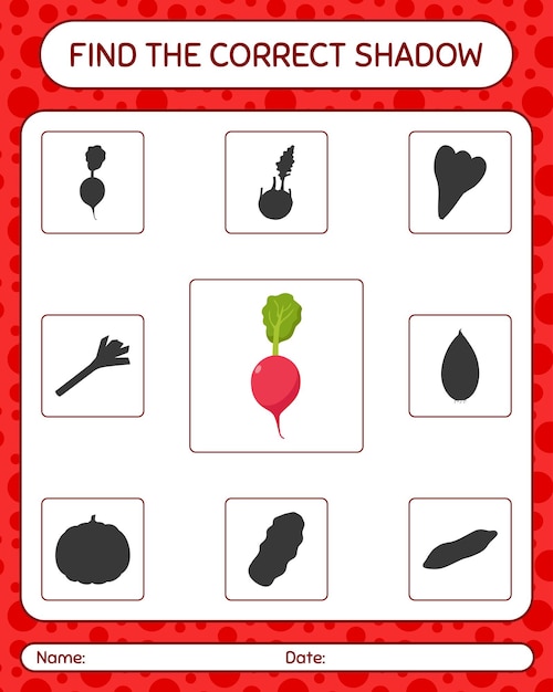 Find the correct shadows game with radish. worksheet for preschool kids, kids activity sheet