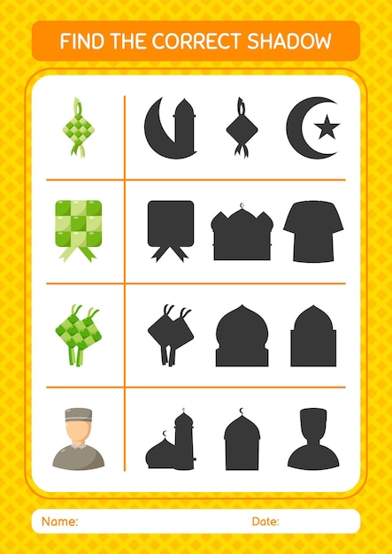 Найдите правильную игру теней с рабочим листом значка рамадана для детей дошкольного возраста
