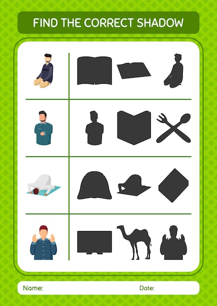 Find the correct shadows game with ramadan icon worksheet for preschool kids kids activity sheet