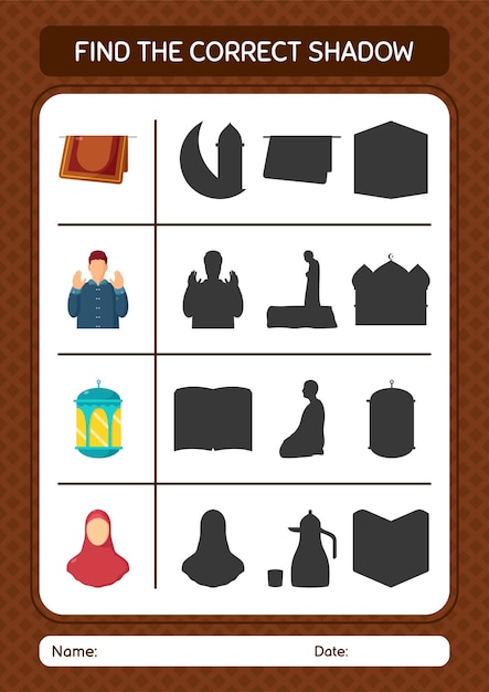 Find the correct shadows game with ramadan icon worksheet for preschool kids kids activity sheet