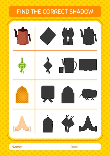 Find the correct shadows game with ramadan icon worksheet for preschool kids kids activity sheet