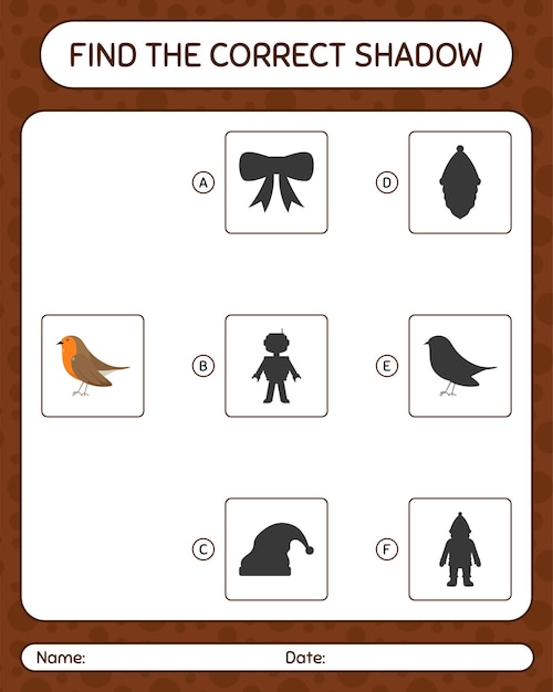 Trova il gioco di ombre corretto con l'uccello pettirosso. foglio di lavoro per bambini in età prescolare, foglio di attività per bambini