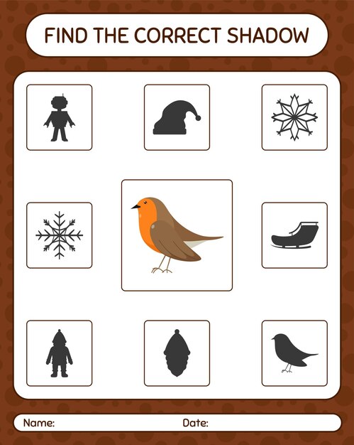 Find the correct shadows game with robin bird. worksheet for preschool kids, kids activity sheet