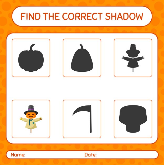 Find the correct shadows game with scarecrow. worksheet for preschool kids, kids activity sheet