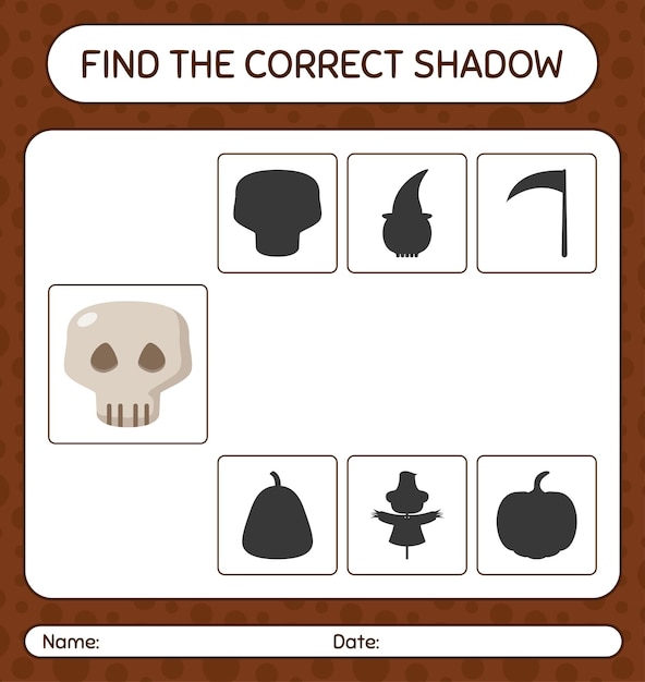Find the correct shadows game with skull. worksheet for preschool kids, kids activity sheet