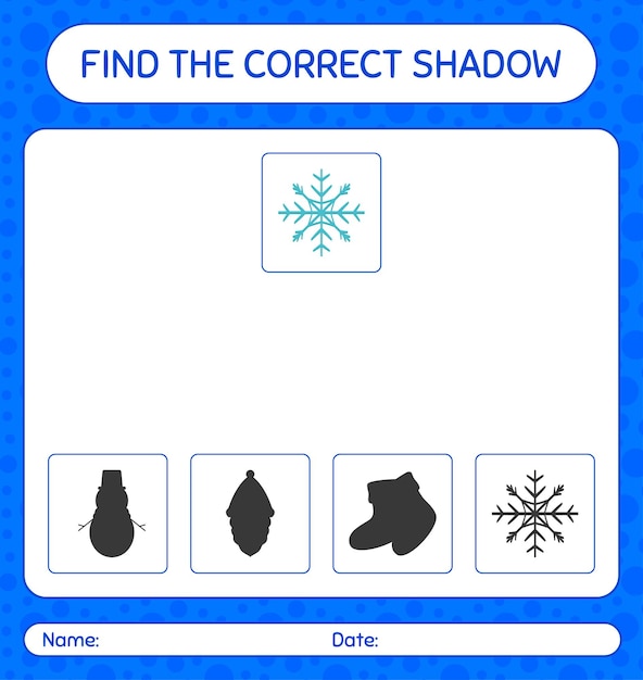 Найди правильную игру теней со снежинкой. рабочий лист для дошкольников, детский лист активности