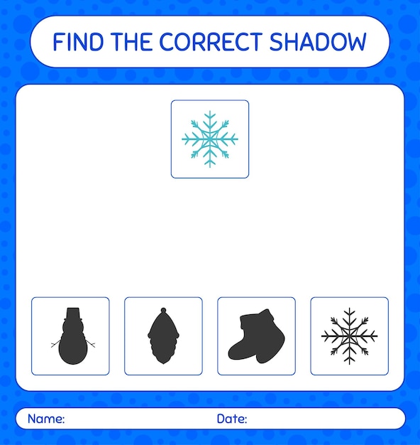 눈송이로 올바른 그림자 게임을 찾으십시오. 미취학 아동을 위한 워크시트, 어린이 활동 시트