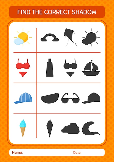 Find the correct shadows game with summer icon worksheet for preschool kids kids activity sheet