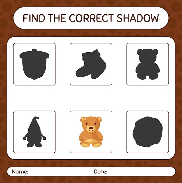 Trova il gioco di ombre corretto con l'orsacchiotto. foglio di lavoro per bambini in età prescolare, foglio di attività per bambini