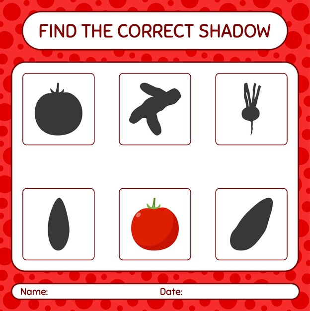 Find the correct shadows game with tomato worksheet for preschool kids kids activity sheet