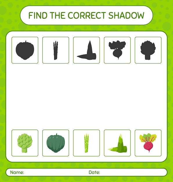 Найди правильную игру теней с овощами. рабочий лист для дошкольников, детский лист активности