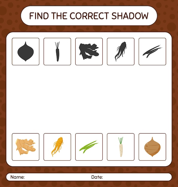 야채와 함께 올바른 그림자 게임을 찾으십시오. 미취학 아동을 위한 워크시트, 어린이 활동 시트
