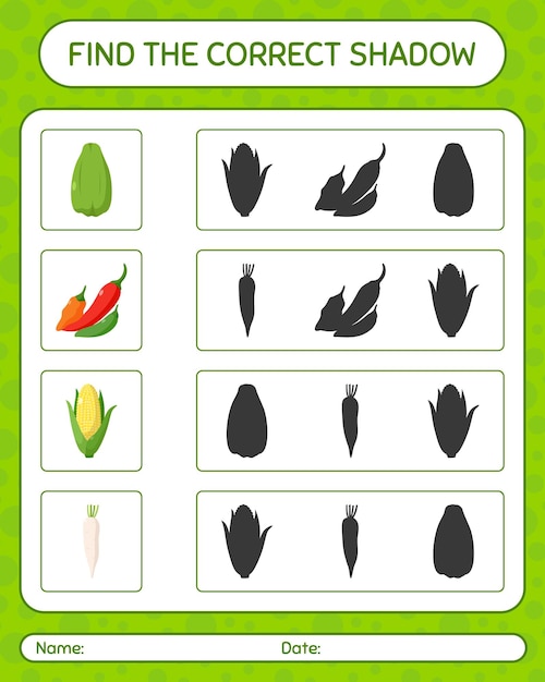 Find the correct shadows game with vegetables. worksheet for preschool kids, kids activity sheet