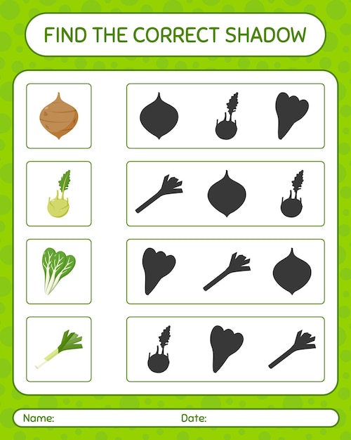 Find the correct shadows game with vegetables. worksheet for preschool kids, kids activity sheet