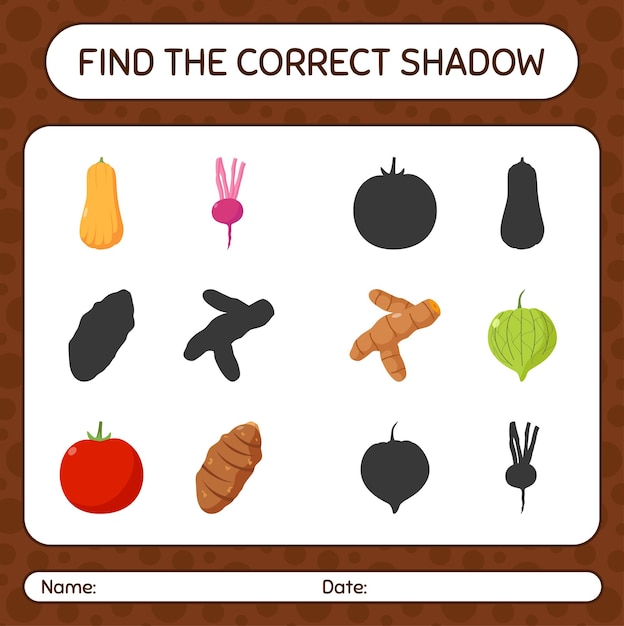 Find the correct shadows game with vegetables. worksheet for preschool kids, kids activity sheet