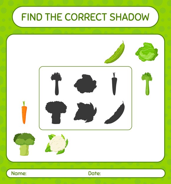 Find the correct shadows game with vegetables. worksheet for preschool kids, kids activity sheet