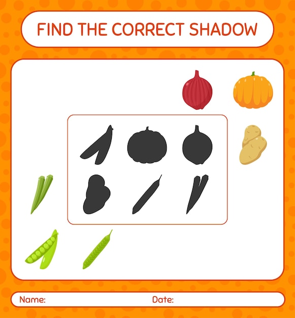 Find the correct shadows game with vegetables. worksheet for preschool kids, kids activity sheet