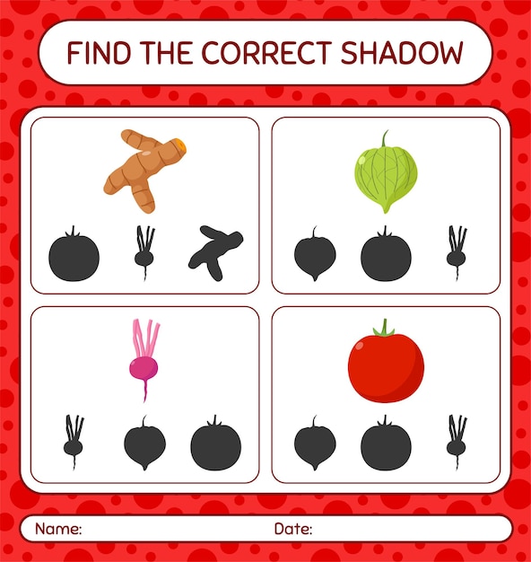 Игра «Найди правильные тени с овощами». рабочий лист для детей дошкольного возраста, детский лист активности