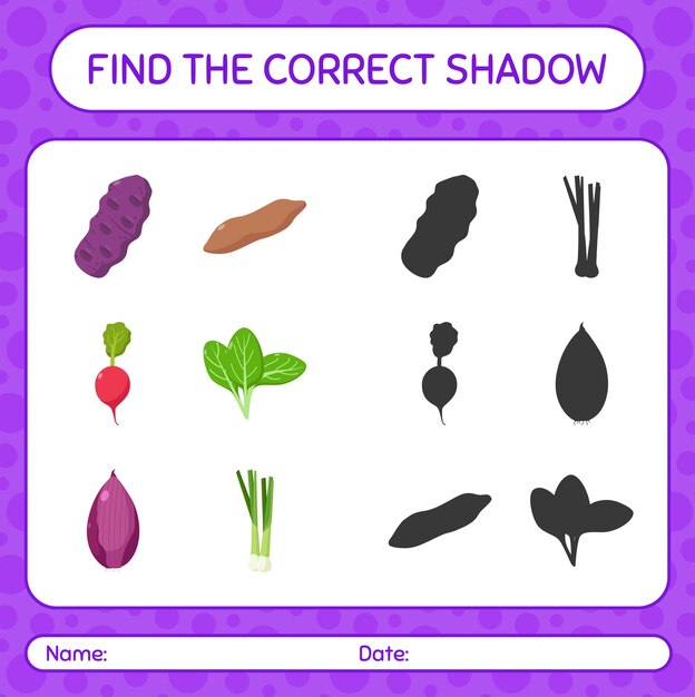 Find the correct shadows game with vegetables. worksheet for preschool kids, kids activity sheet